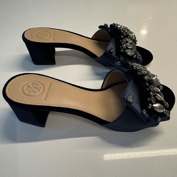 Tory Burch Bow Velvet Crystal slide heels size 5.5 navy blue - Picture 4 of 16